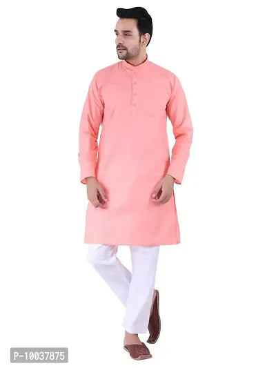 HUZUR Men's Cotton Solid Straight Kurta Pyjama Set| Ethnic Wear|Traditional Wedding Wear - Peach Kurta White Pyjama set-thumb0