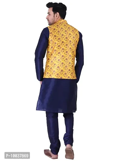 HUZUR Men's Silk Kurta Pyjama/Pajama with Yellow Yellow Base Multicolor Floor Print Nehru Jacket Set-thumb4