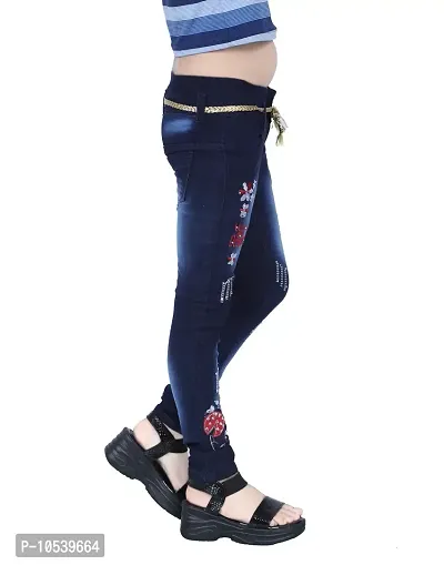 Elegant Navy Blue Denim Embellished Jeans For Girls-thumb4