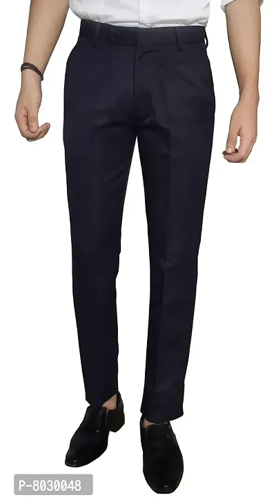 Navy Blue Polyester Formal Trousers For Men
