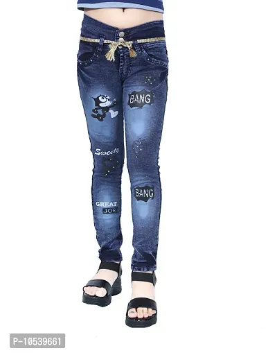 Elegant Navy Blue Denim Embellished Jeans For Girls-thumb0