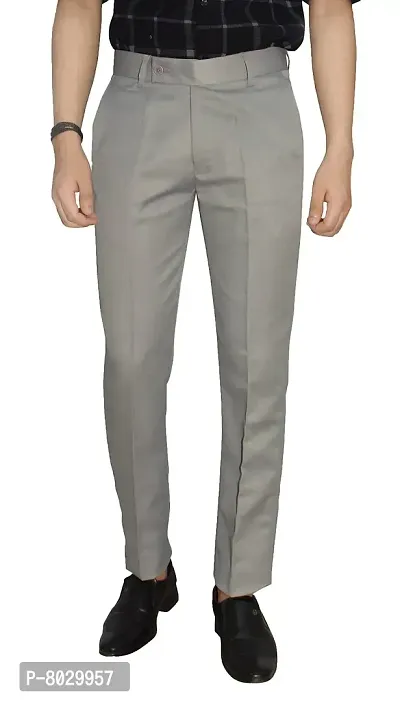 Grey Polyester Formal Trousers For Men