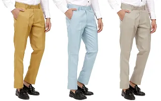 Stylish MenPoly-Viscose Blended Khaki, Light Sky Blue and Light Cot Brown Formal Trousers ( Pack of 3 Trousers )-thumb3