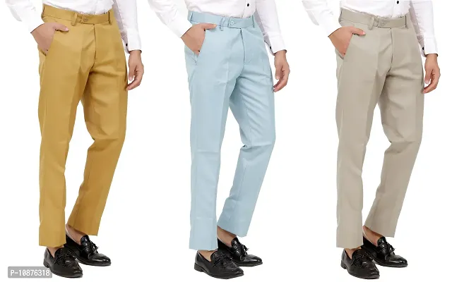 Stylish MenPoly-Viscose Blended Khaki, Light Sky Blue and Light Cot Brown Formal Trousers ( Pack of 3 Trousers )-thumb4