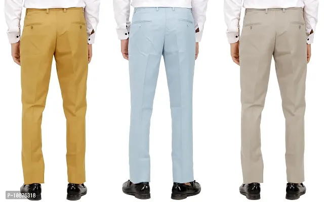 Stylish MenPoly-Viscose Blended Khaki, Light Sky Blue and Light Cot Brown Formal Trousers ( Pack of 3 Trousers )-thumb2