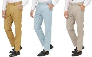 Stylish MenPoly-Viscose Blended Khaki, Light Sky Blue and Light Cot Brown Formal Trousers ( Pack of 3 Trousers )-thumb2