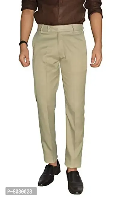 Beige Polyester Formal Trousers For Men