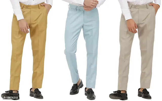 Stylish MenPoly-Viscose Blended Khaki, Light Sky Blue and Light Cot Brown Formal Trousers ( Pack of 3 Trousers )-thumb0