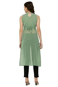 Temecula Round Neck Regular Solid Straight Sleeveless Georgette Stitched Long Kurti (S, Pista)-thumb1