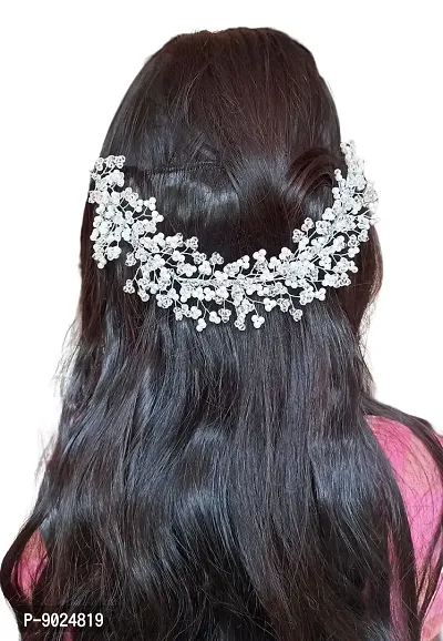 Samyak Crystal Pearl Hair Vine Tiara Headband Headdress Hair Jewellery / Hair pin/ Bun Clip For Bridal Wedding Functions Bridesmaid (Silver)-thumb0