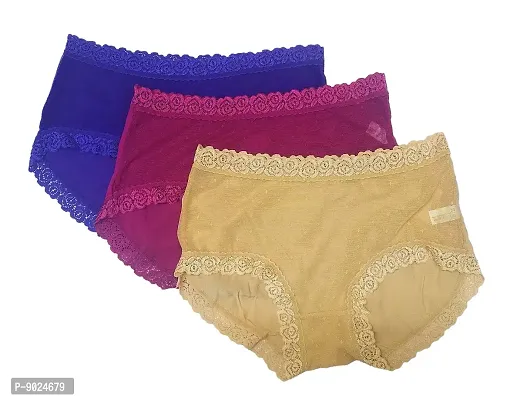 Amkasy Stylish lace with Embroidery Combo Pack of 3 Panties for Women and Girls ( Freesize Fits Small to XL) , Blue, Wine , Beige