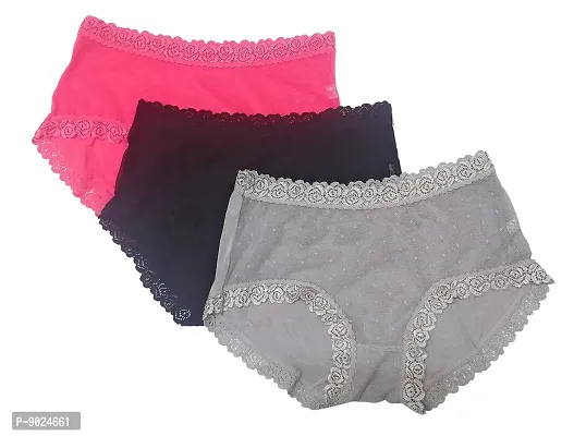 Amkasy Stylish lace with Embroidery Combo Pack of 3 Panties for Women and Girls ( Freesize Fits Small to XL) , Pink,Black,Grey