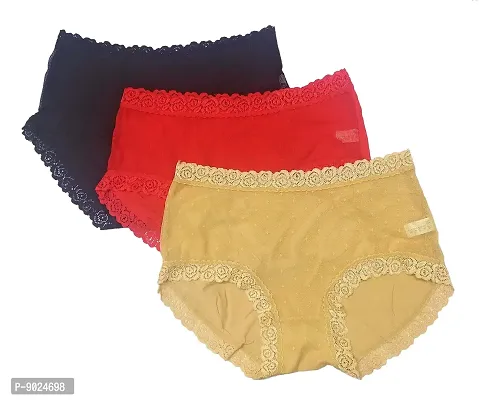 Amkasy Stylish lace with Embroidery Combo Pack of 3 Panties for Women and Girls ( Freesize Fits Small to XL) , Black,Red,Beige