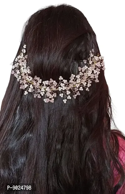 Samyak Crystal Pearl Hair Vine Tiara Headband Headdress Hair Jewellery / Hair pin/ Bun Clip For Bridal Wedding Functions Bridesmaid (Pink)-thumb0