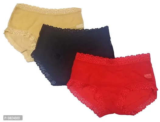 Amkasy Stylish lace with Embroidery Combo Pack of 3 Panties for Women and Girls ( Freesize Fits Small to XL) ,Skin,Black,Red