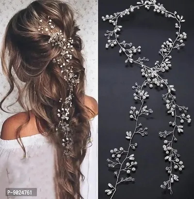 Samyak Hand made Pearl with Crystal Beads Headdress Hair Accessories | Wedding Hair Chain | Bridesmaid Headband | hair vine for Girls  Women ., ( 50 cm ) (Silver)-thumb3