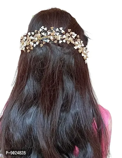 Samyak Crystal Pearl Hair Vine Tiara Headband Headdress Hair Jewellery / Hair pin/ Bun Clip For Bridal Wedding Functions Bridesmaid (Gold)-thumb0