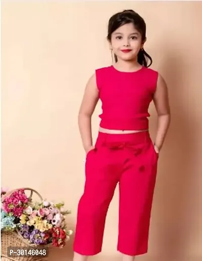 Elegant Red Cotton Blend Solid Top with Bottom Set For Girls For Girls-thumb0