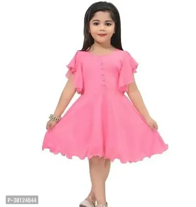 Fabulous Pink Cotton Blend Solid Fit And Flare Dress For Girls-thumb0