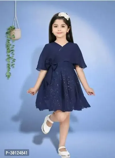 Fabulous Navy Blue Chiffon Solid Fit And Flare Dress For Girls