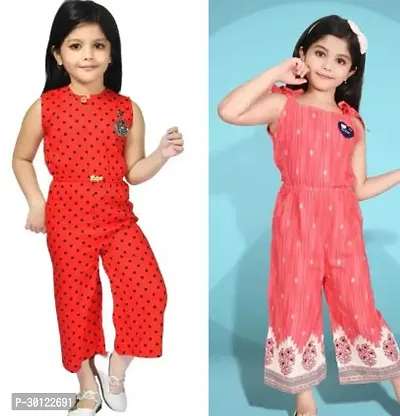 Fabulous Red Rayon Printed Jumpsuits For Girls Pack Of 2