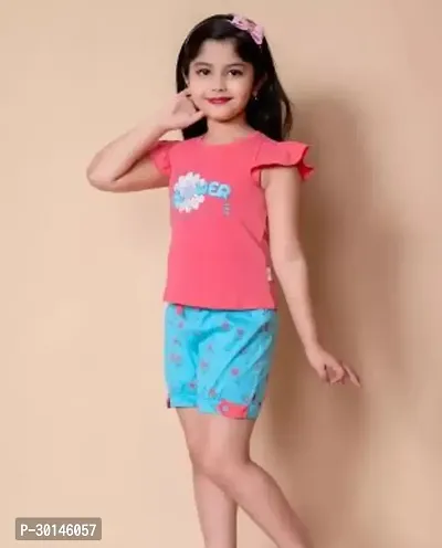 Elegant Pink Cotton Blend Printed Top with Short Set For Girls For Girls-thumb0