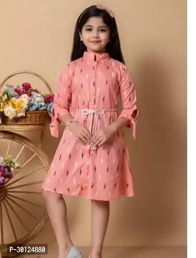 Fabulous Peach Rayon Printed A-Line Dress For Girls