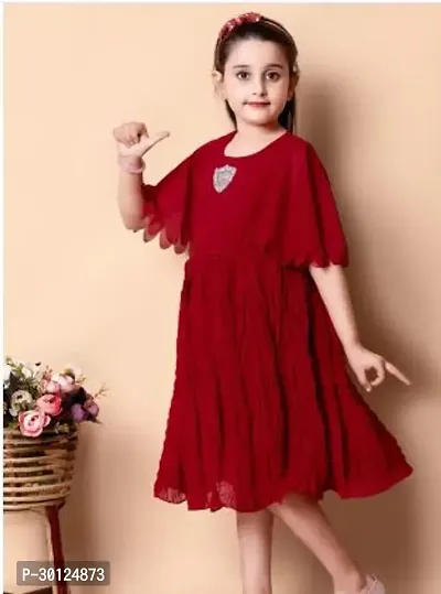 Fabulous Red Chiffon Solid Fit And Flare Dress For Girls