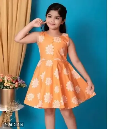 Fabulous Orange Cotton Printed A-Line Dress For Girls