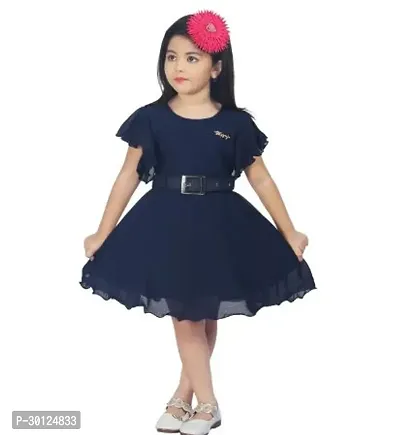 Fabulous Navy Blue Chiffon Solid Fit And Flare Dress For Girls-thumb0