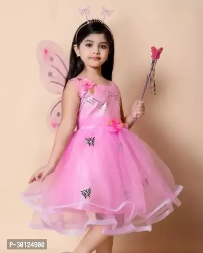 Fabulous Pink Net Solid Fit And Flare Dress For Girls