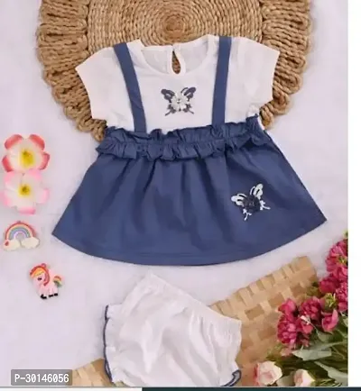 Elegant Blue Cotton Blend Solid Dress with Short Set For Girls For Girls