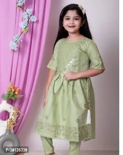 Alluring Green Cotton Blend Printed Kurta Bottom Set For Girls-thumb0