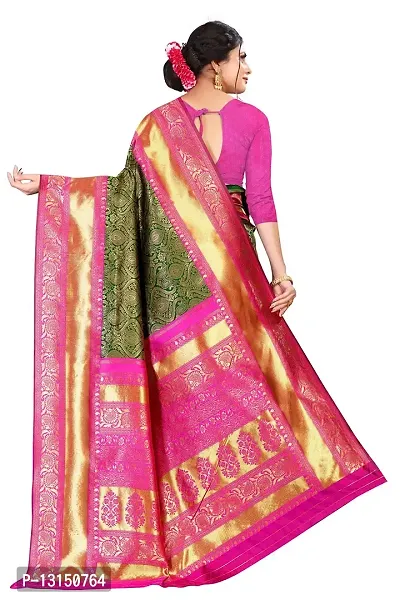 Zenophily Women's Banarasi Soft Lichi Silk Saree with Blouse Piece (Green,Pink)-thumb2