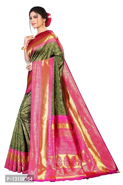 Zenophily Women's Banarasi Soft Lichi Silk Saree with Blouse Piece (Green,Pink)-thumb3