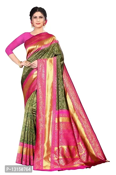 Zenophily Women's Banarasi Soft Lichi Silk Saree with Blouse Piece (Green,Pink)-thumb0