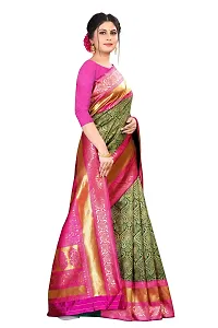 Zenophily Women's Banarasi Soft Lichi Silk Saree with Blouse Piece (Green,Pink)-thumb3