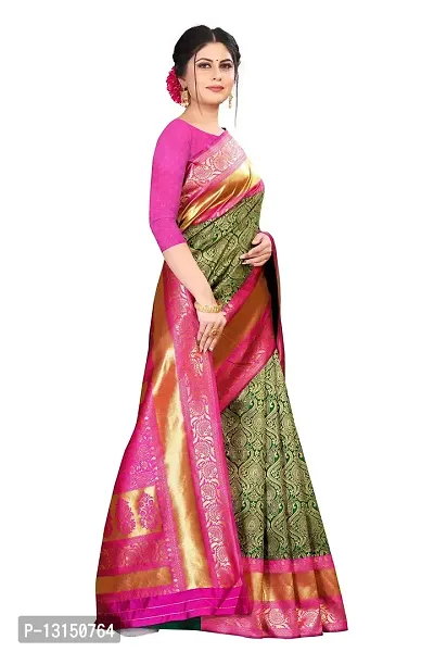 Zenophily Women's Banarasi Soft Lichi Silk Saree with Blouse Piece (Green,Pink)-thumb4