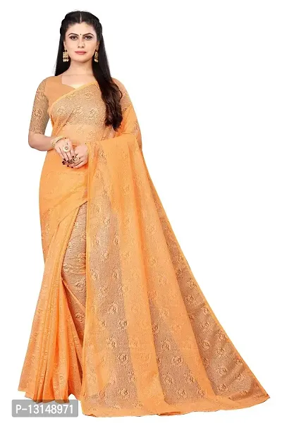 Zenophily Women's Net Saree with Unstitched Blouse Piece (Orange)