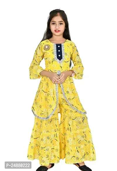 Alluring Yellow Cotton Stitched Kurta Set For Girls