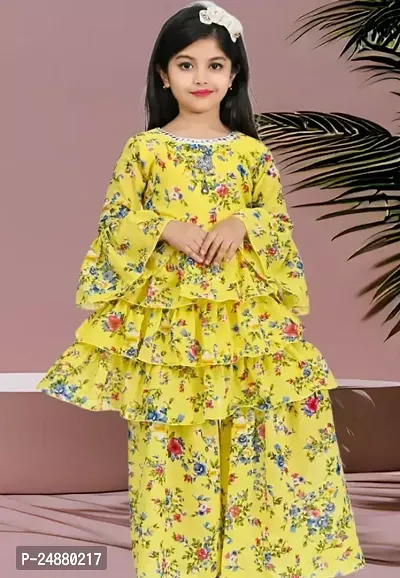 Alluring Yellow Cotton Stitched Kurta Set For Girls