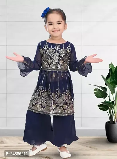 Alluring Blue Cotton Stitched Kurta Set For Girls-thumb0