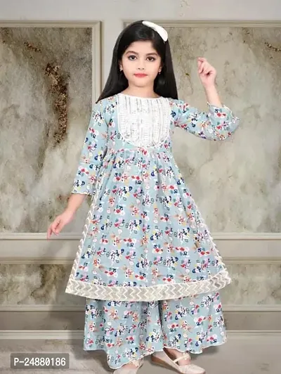 Alluring Blue Cotton Stitched Kurta Set For Girls-thumb0