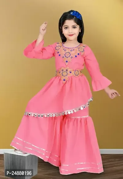 Alluring Pink Cotton Stitched Kurta Set For Girls-thumb0