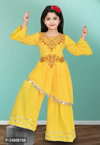 Alluring Yellow Cotton Stitched Kurta Set For Girls