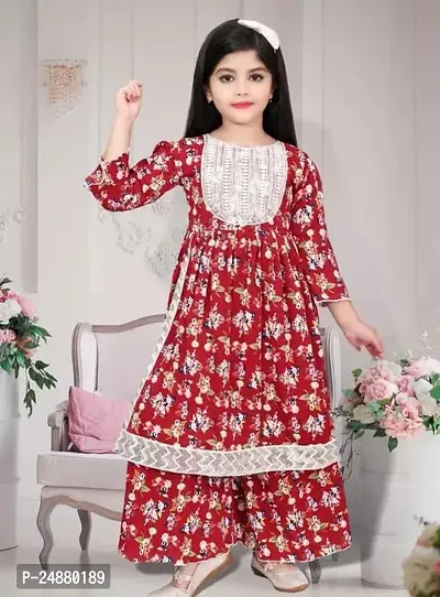 Alluring Maroon Cotton Stitched Kurta Set For Girls-thumb0