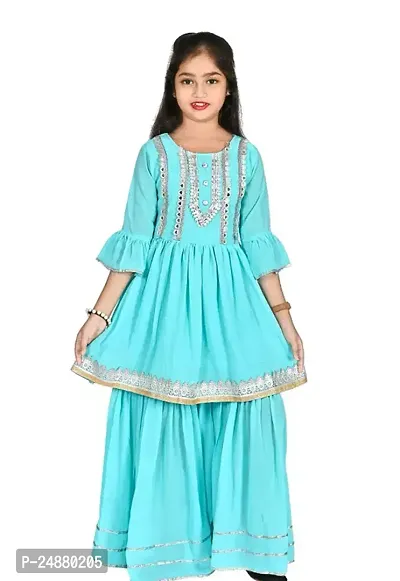 Alluring Blue Cotton Stitched Kurta Set For Girls