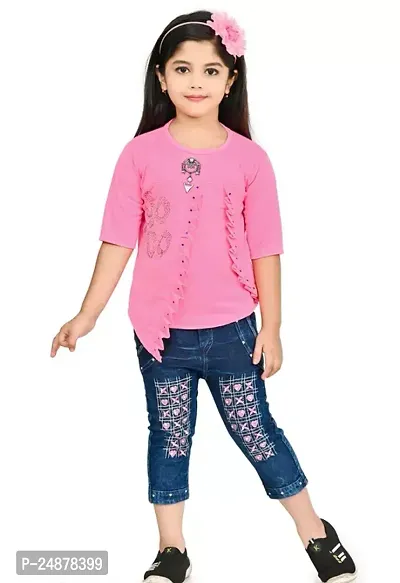 Fabulous Pink Cotton Self Pattern Clothing Set For Girls