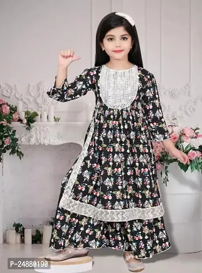 Alluring Black Cotton Stitched Kurta Set For Girls-thumb0