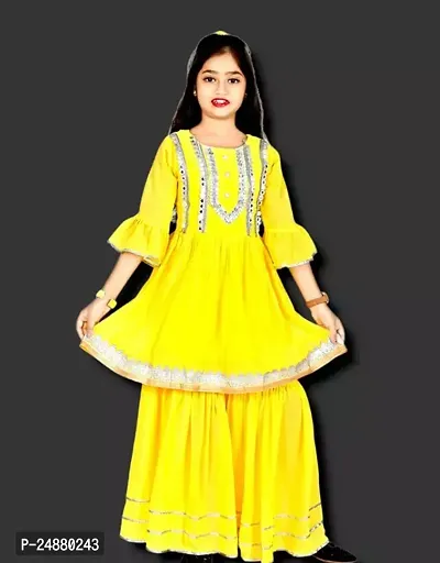 Alluring Yellow Cotton Stitched Kurta Set For Girls-thumb0